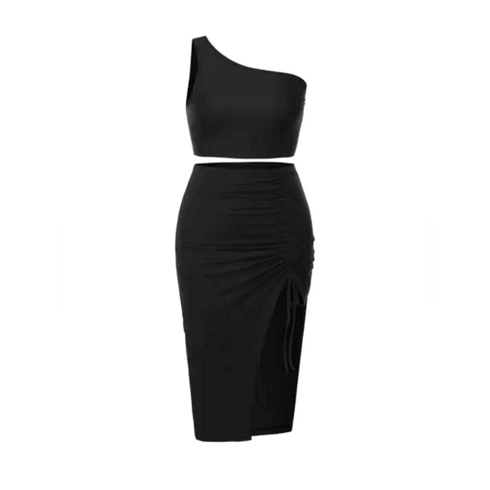 One-Shoulder Black Asymmetrical Dress Set